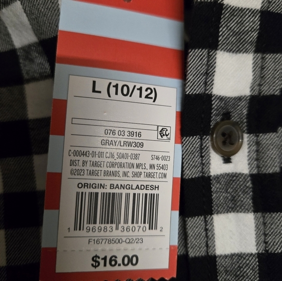 Cat & Jack Black and White Checkered Shirt Sz 10-12 New With Tags - Picture 5 of 5